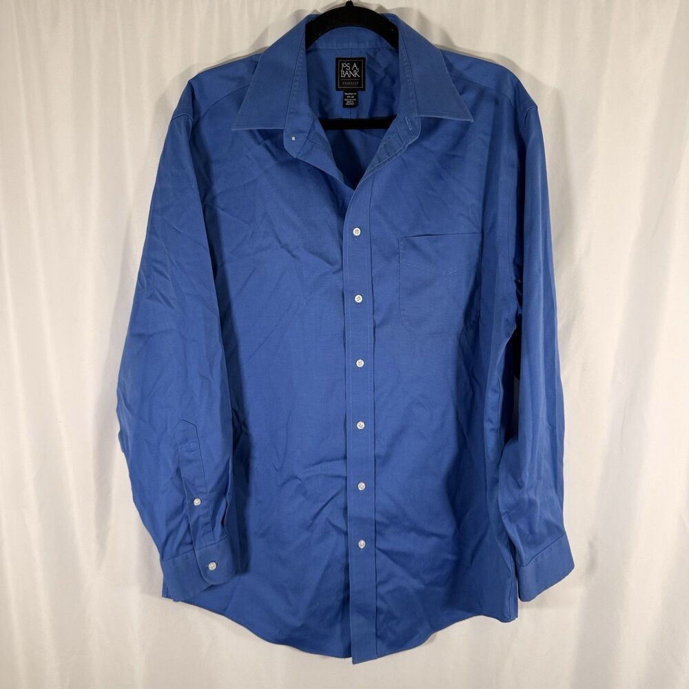 Jos A Bank Traveler Shirt Men's 16.5 34 Solid Blue Long Sleeve Button Up Cotton